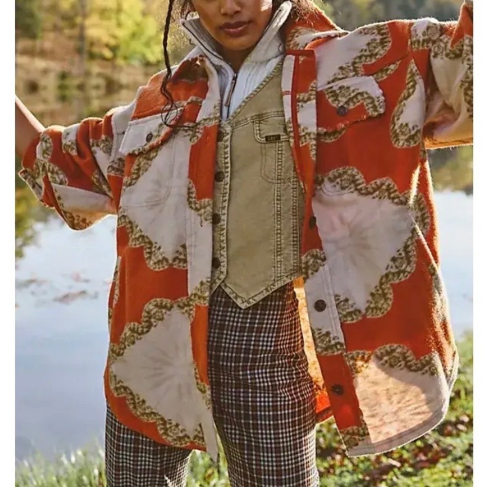 Free People Ruby Jacket Orange Cream Abstract Fleece Shirt Jacket Womens XS